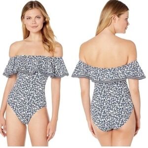 Lauren Ralph Lauren White & Navy Blue Ditsy Floral Off Shoulder 1-Piece Swimsuit